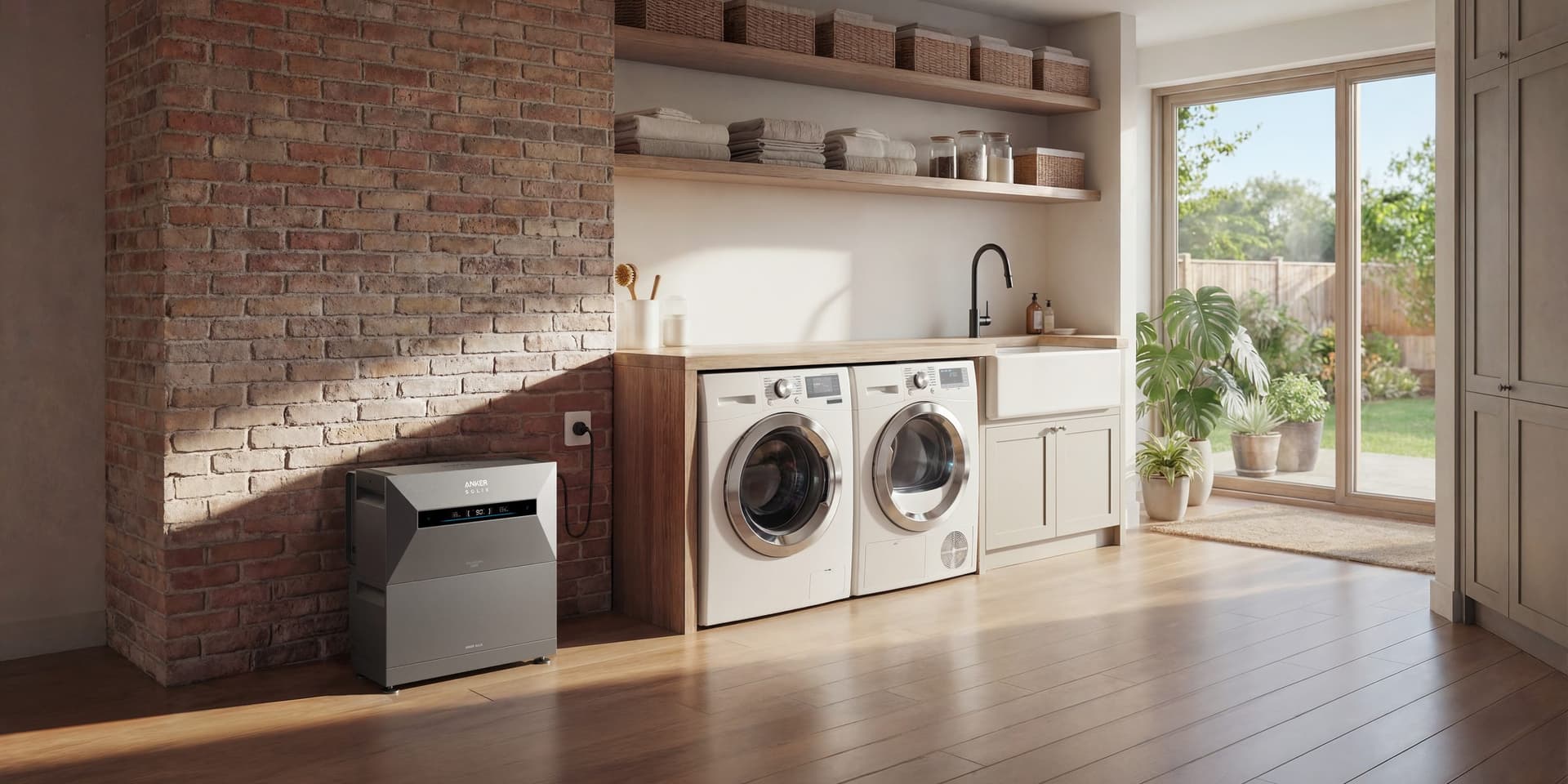 Anker SOLIX Solarbank Max AC in de berging naast de wasmachine, aan het stopcontact