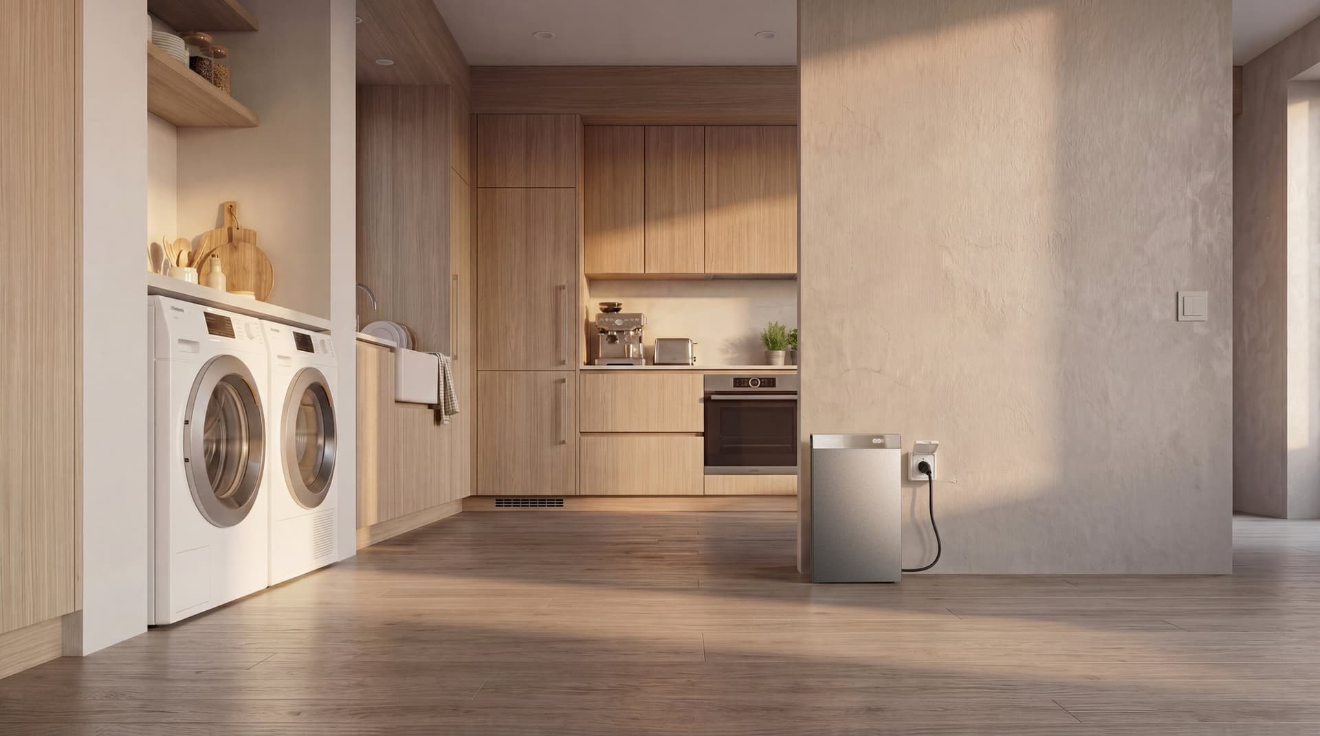 EcoFlow Stream AC 5000 in de bijkeuken, aan het stopcontact