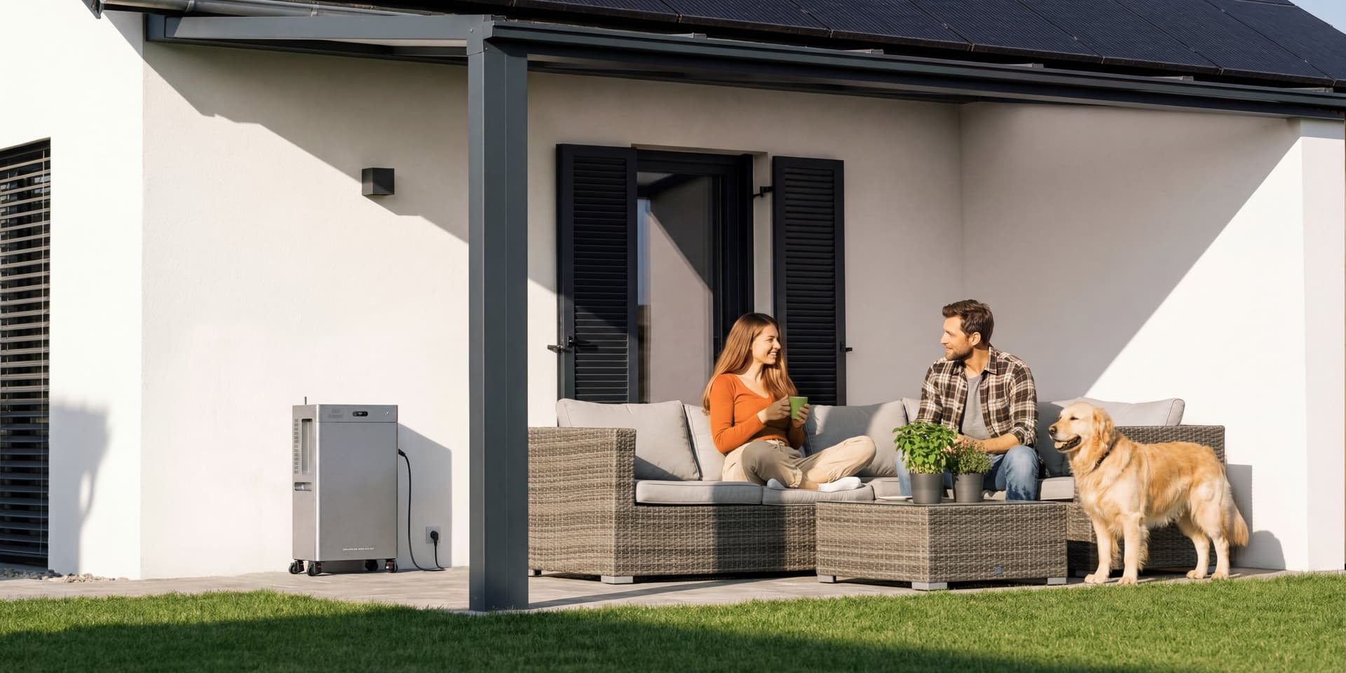 Zendure SolarFlow 3000 Mix AC+ onder de overkapping, naast de loungebank