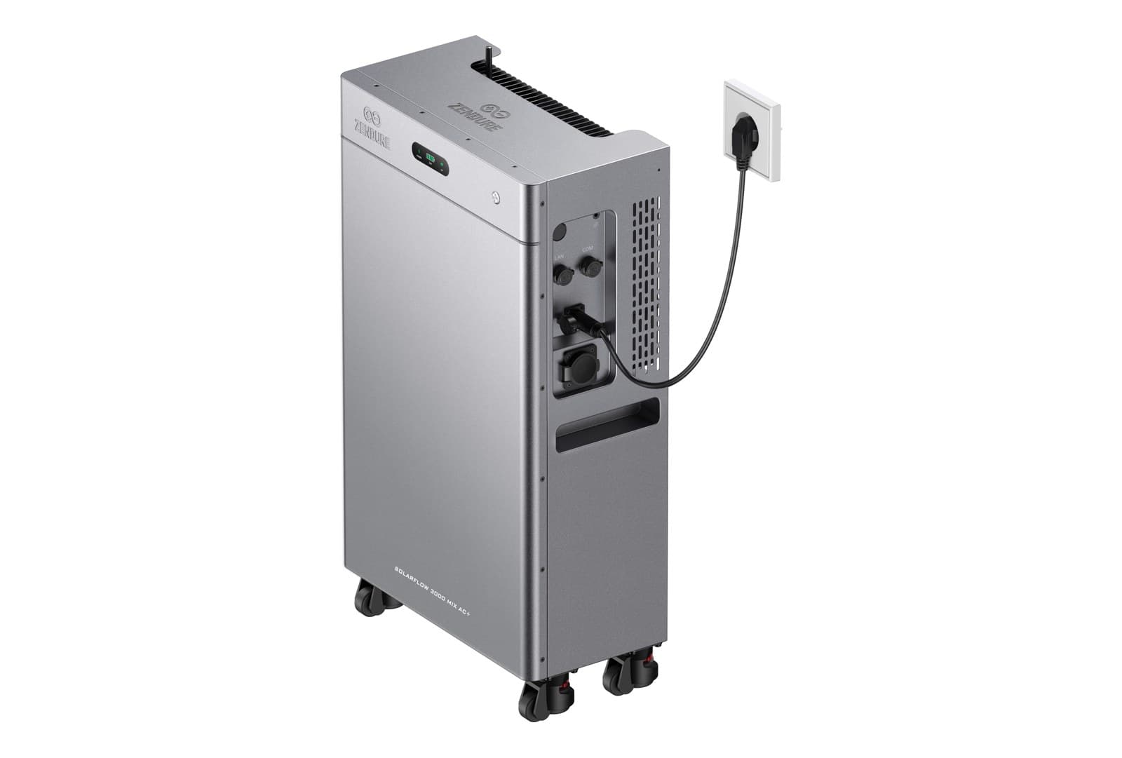 De SolarFlow 3000 Mix AC+ op zwenkwielen, stekker in het stopcontact